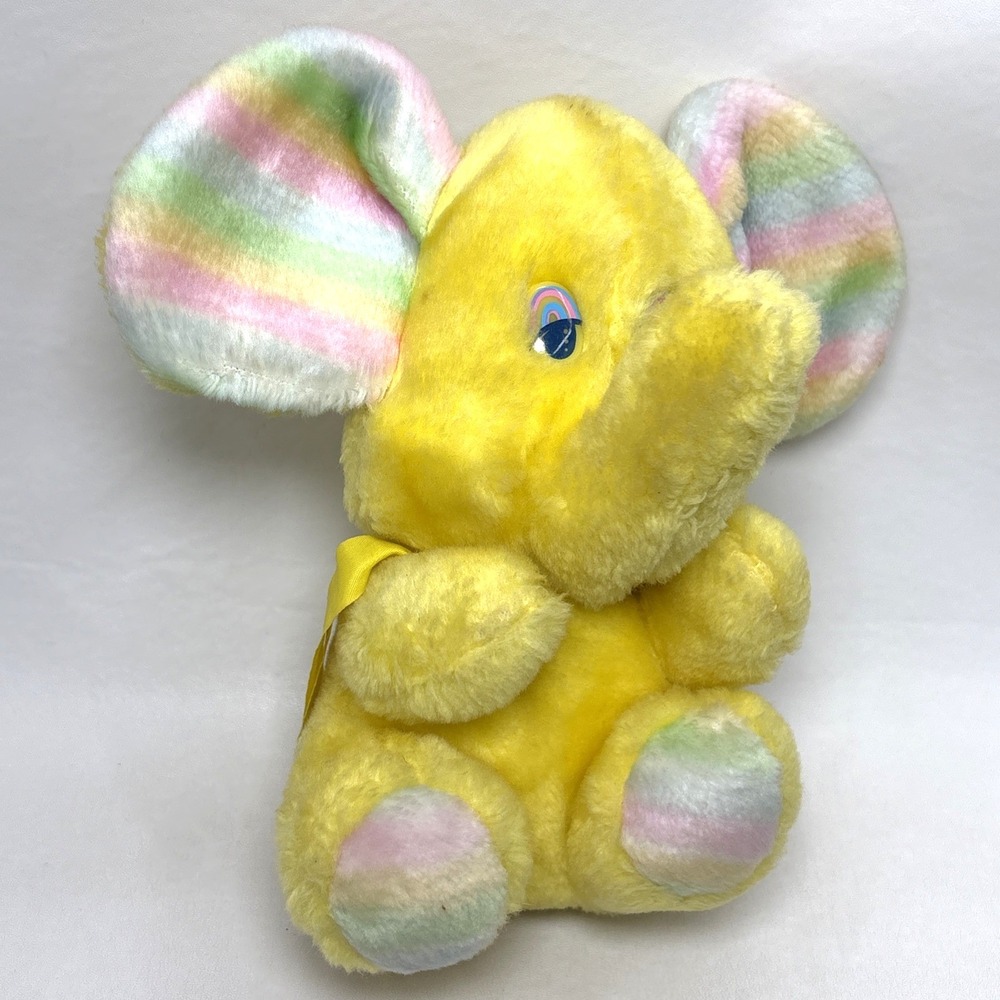 Vintage 80s Animal Toy Co Yellow Rainbow Elephant Plush Stuffed‎ Bow Taiwan